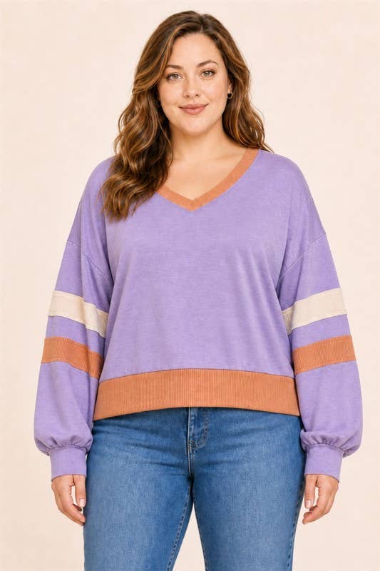 Plus Size Colorblock Stripe V-Neck Knit Pullover: Purple / Plus Size / 2XL