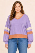 Plus Size Colorblock Stripe V-Neck Knit Pullover: Purple / Plus Size / 2XL