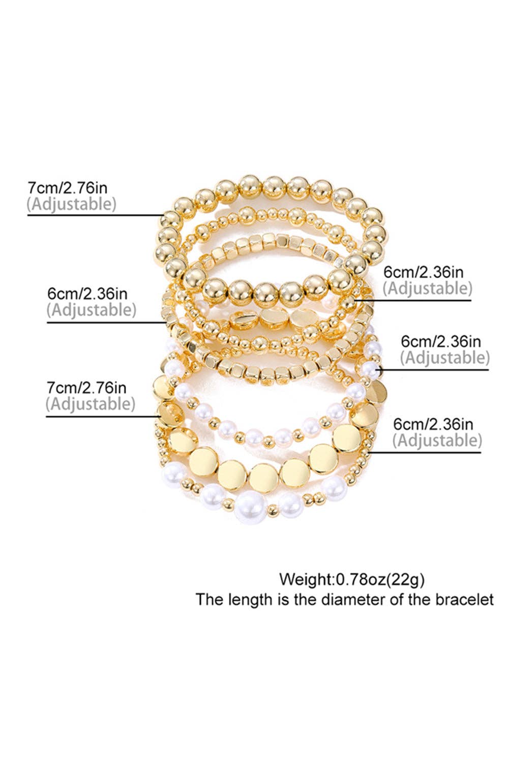 Gold Minimalist Pearl Beaded Multi Layer Elastic Bracelets: Gold / 60%Regenerated Fibre+40%Polyester / ONE SIZE