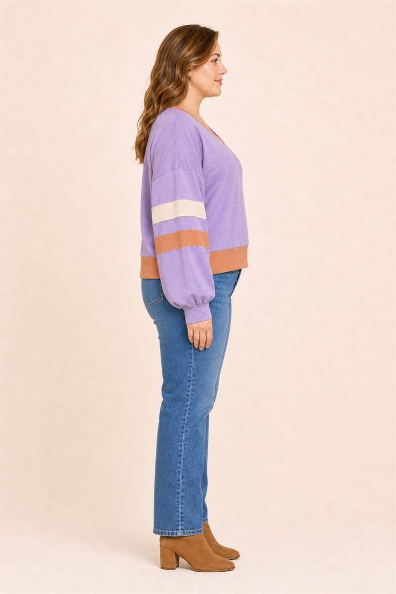 Plus Size Colorblock Stripe V-Neck Knit Pullover: Purple / Plus Size / 3XL
