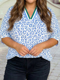 Lauren Sky Blue Striped V Neckline Leopard Blouse