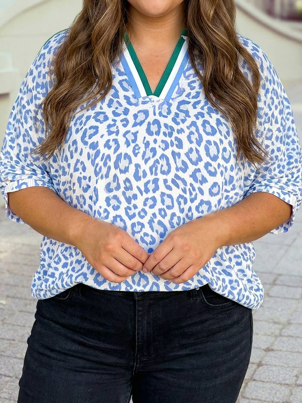 Lauren Sky Blue Striped V Neckline Leopard Blouse