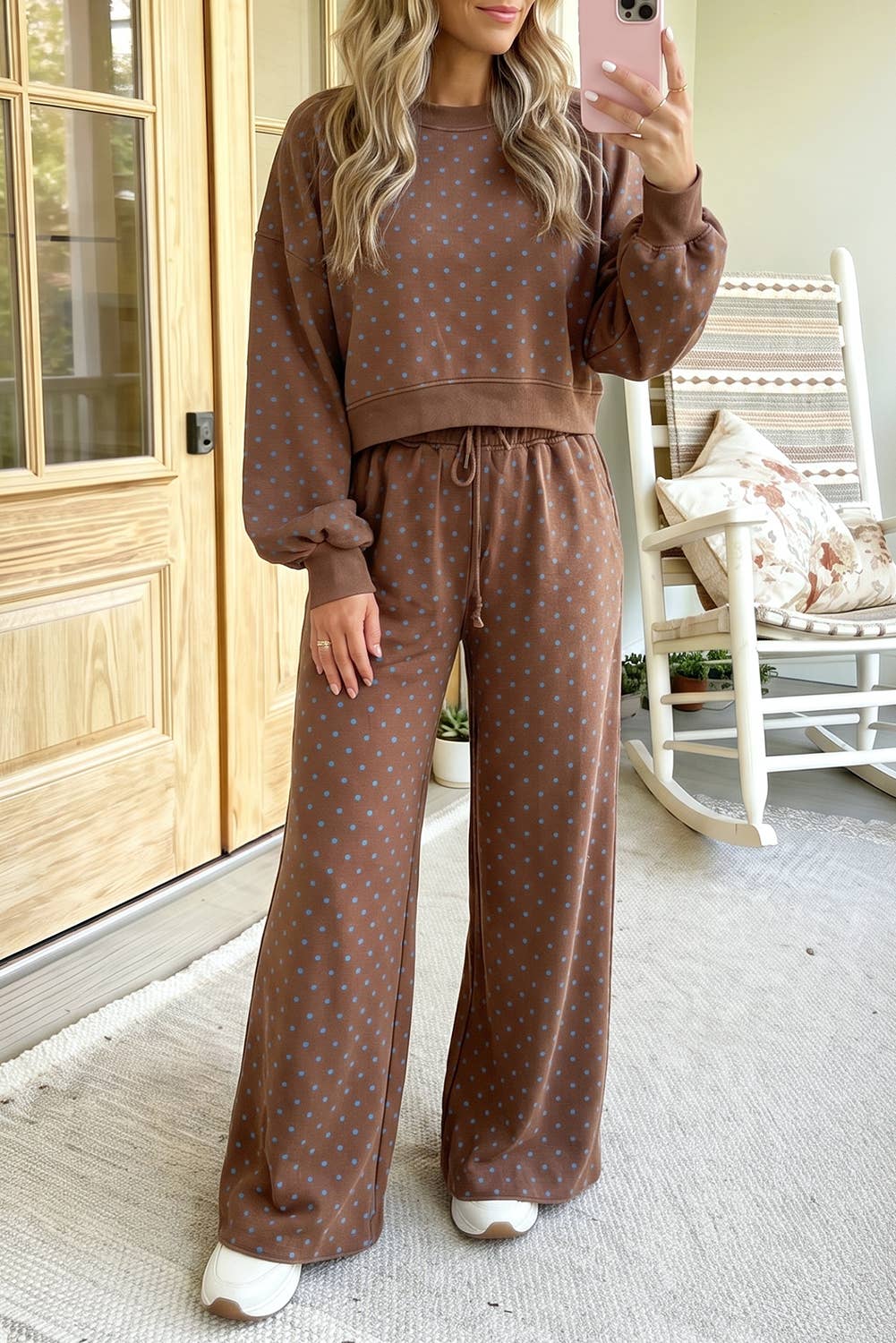 66 Plus Size Polka Dot Drawstring Top and Pants Set (S-4X): Brown / 1X