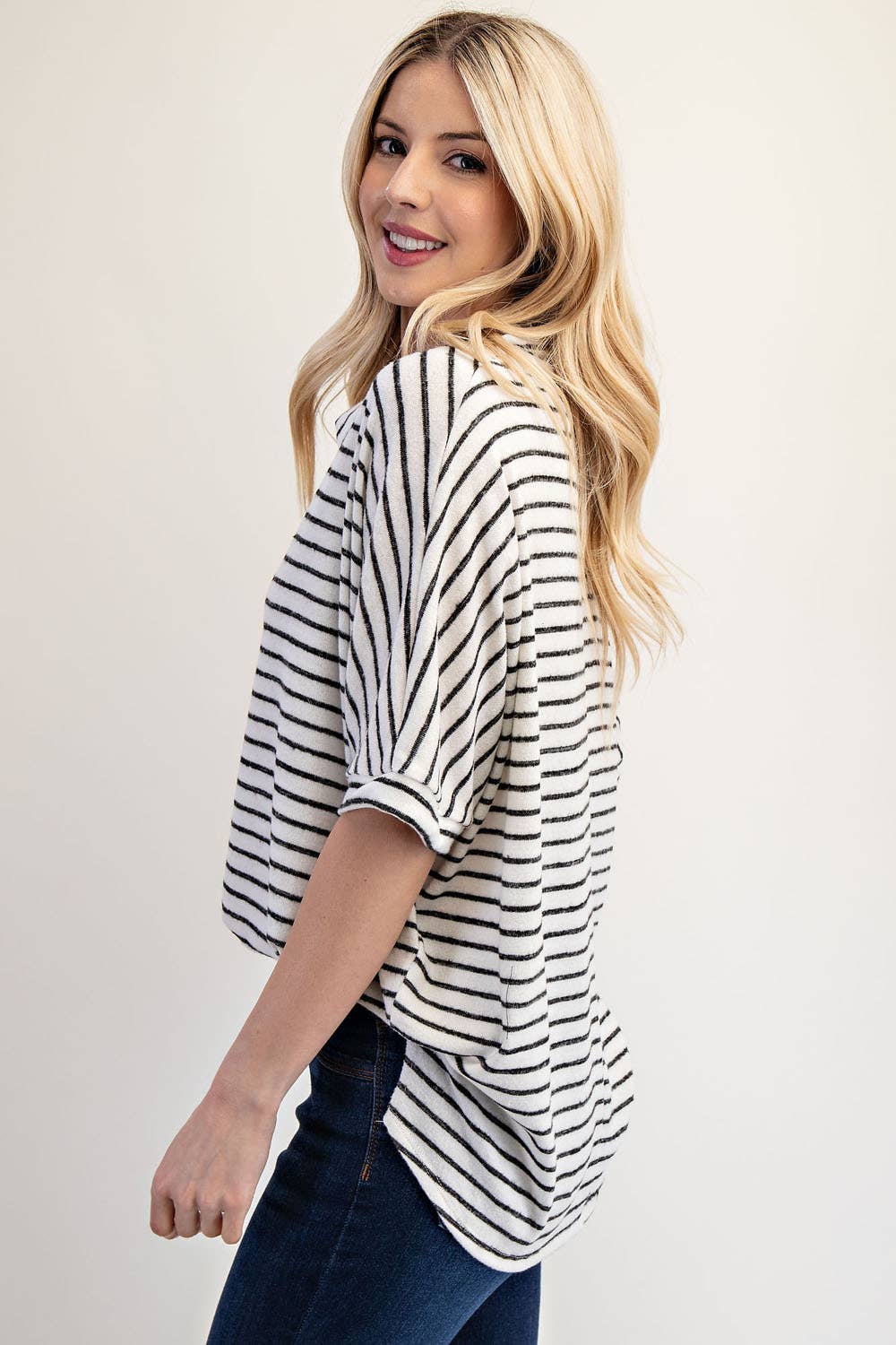 PLUS SIZE STRIPED BUTTON-FRONT COLLARED TOP -CT23913A: Charcoal Stripe / 2XL
