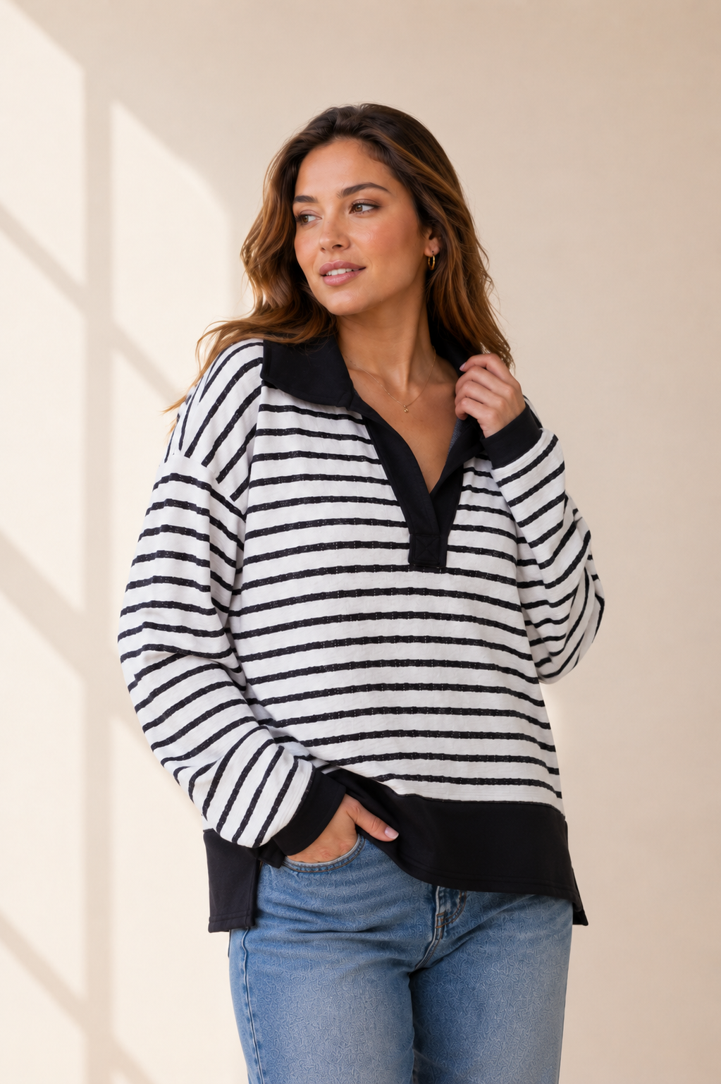 Plus size Striped Knit Polo Pullover with Contrast collar: Black / Plus Size / 3XL