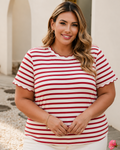 Spring Scalloped Trim Round Neck Stripe T Shirt