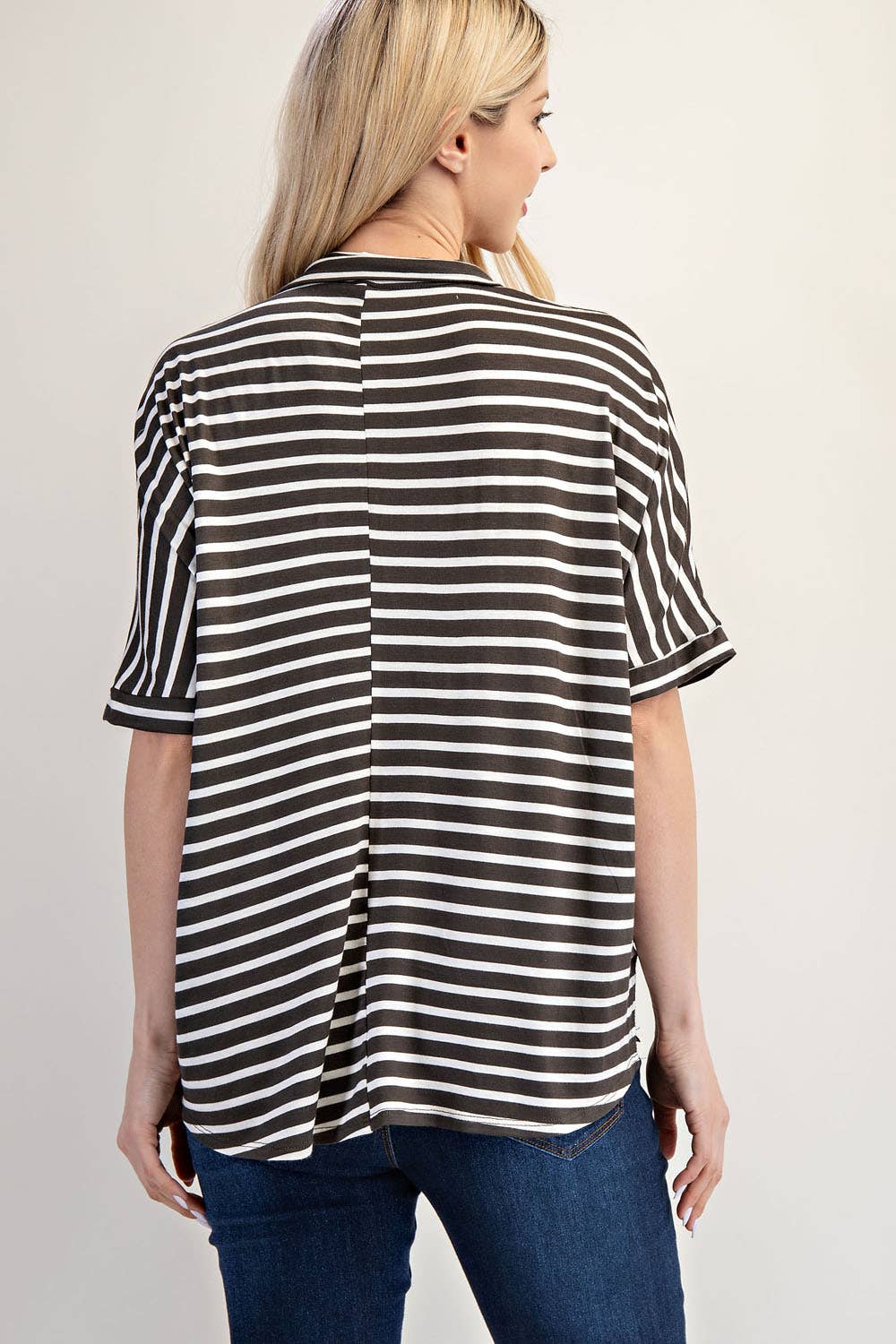 PLUS SIZE STRIPED BUTTON-FRONT COLLARED TOP -CT23913A: Charcoal Stripe / 2XL