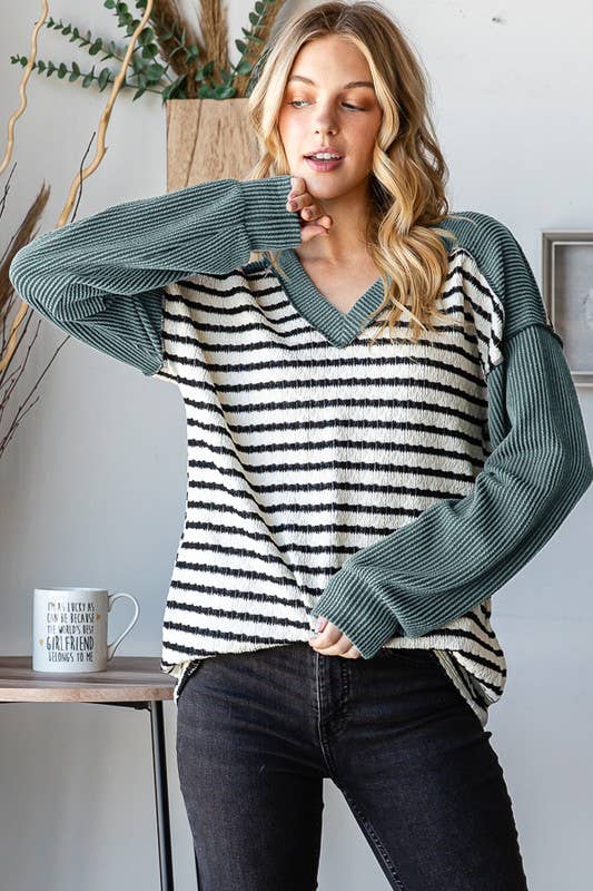 ET7710-10 STRIPE AND SOLID URBAN RIBBED CONTRAST TOP: HUNTER GREEN / 2-2-2 (1X-2X-3X)