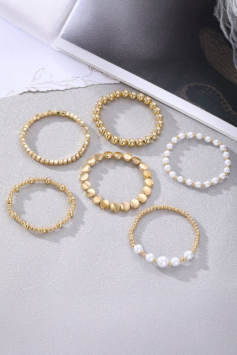 Gold Minimalist Pearl Beaded Multi Layer Elastic Bracelets: Gold / 60%Regenerated Fibre+40%Polyester / ONE SIZE