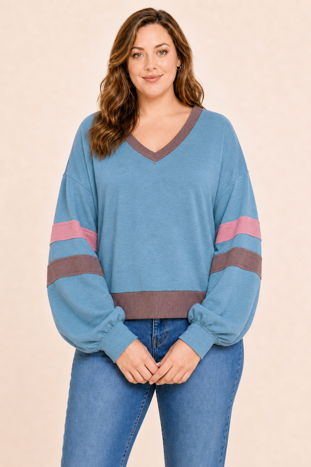 Plus Size Colorblock Stripe V-Neck Knit Pullover: Purple / Plus Size / 2XL