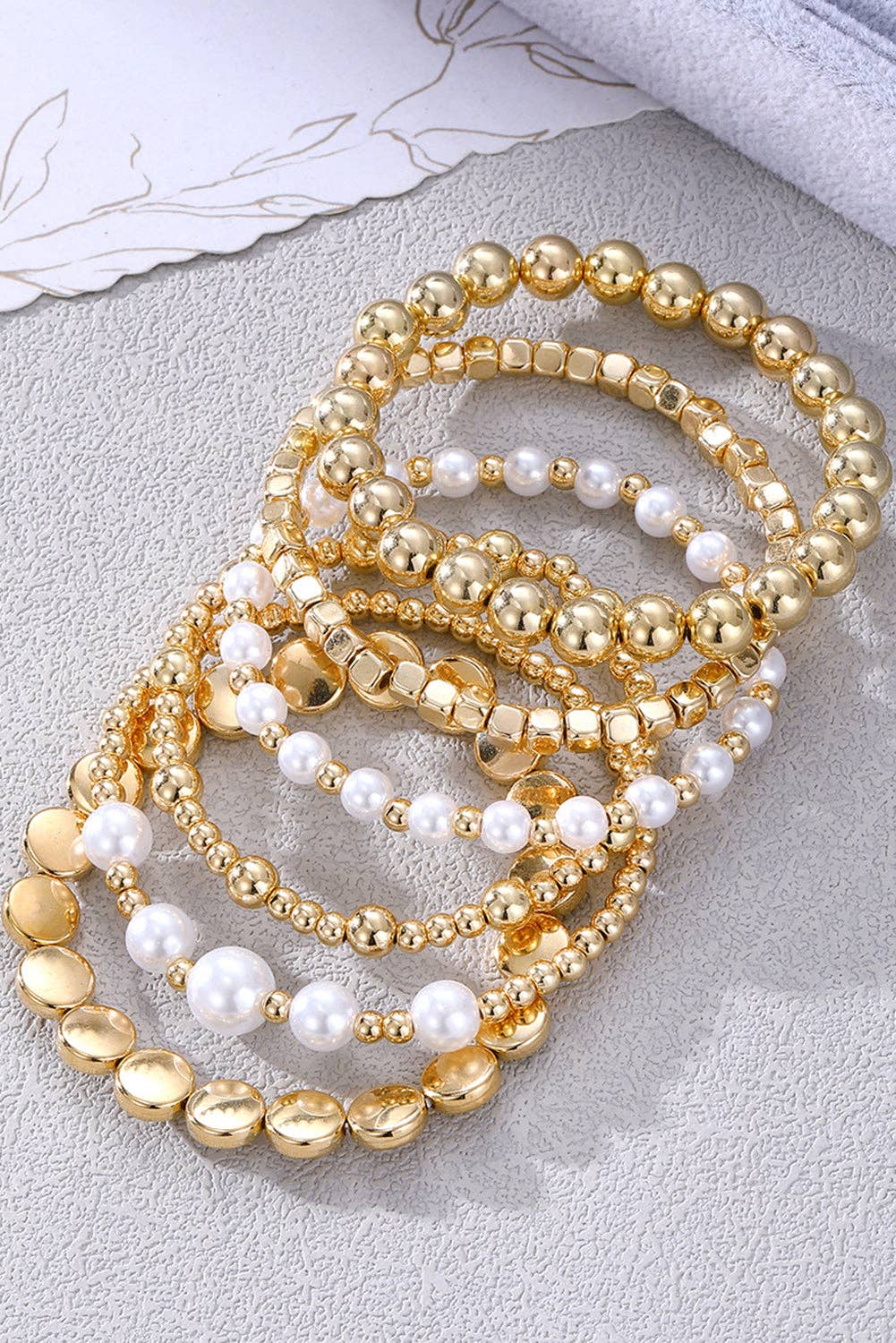 Gold Minimalist Pearl Beaded Multi Layer Elastic Bracelets: Gold / 60%Regenerated Fibre+40%Polyester / ONE SIZE
