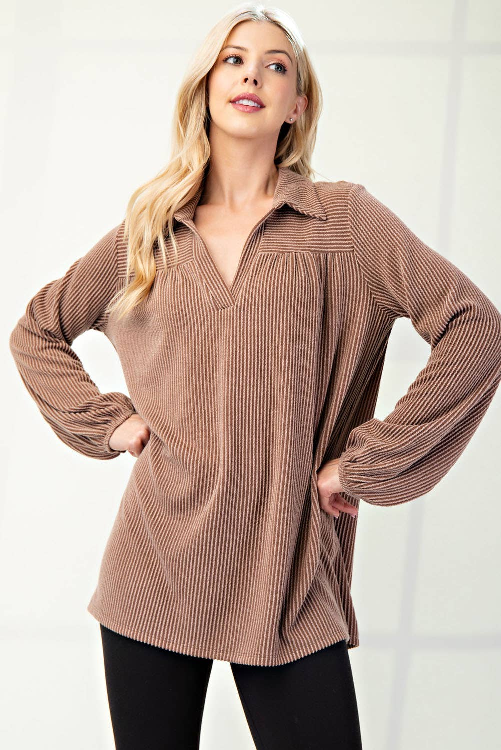 WOMEN'S PLUS SIZE CLASSIC V-NECK  RIB LONG SLEEVE TOP : Green / 3XL