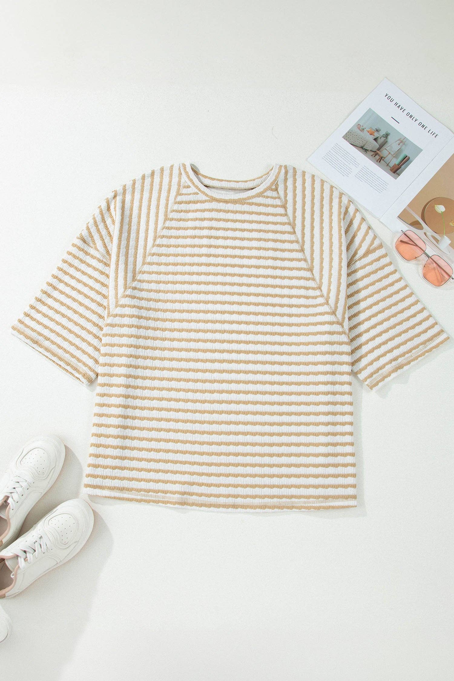 PRETTY BASH Plus Size Stripe Textured 3/4 Sleeve Top: Apricot Stripe / 4X