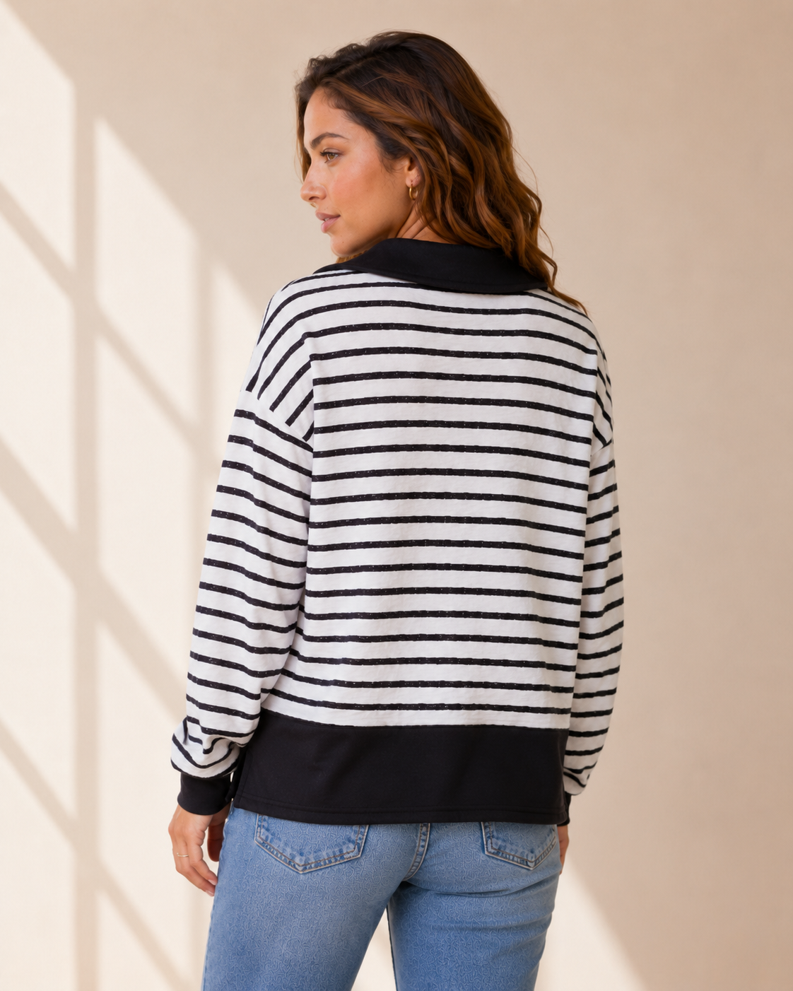 Plus size Striped Knit Polo Pullover with Contrast collar: Black / Plus Size / 3XL