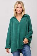 WOMEN'S PLUS SIZE CLASSIC V-NECK  RIB LONG SLEEVE TOP : Green / 3XL