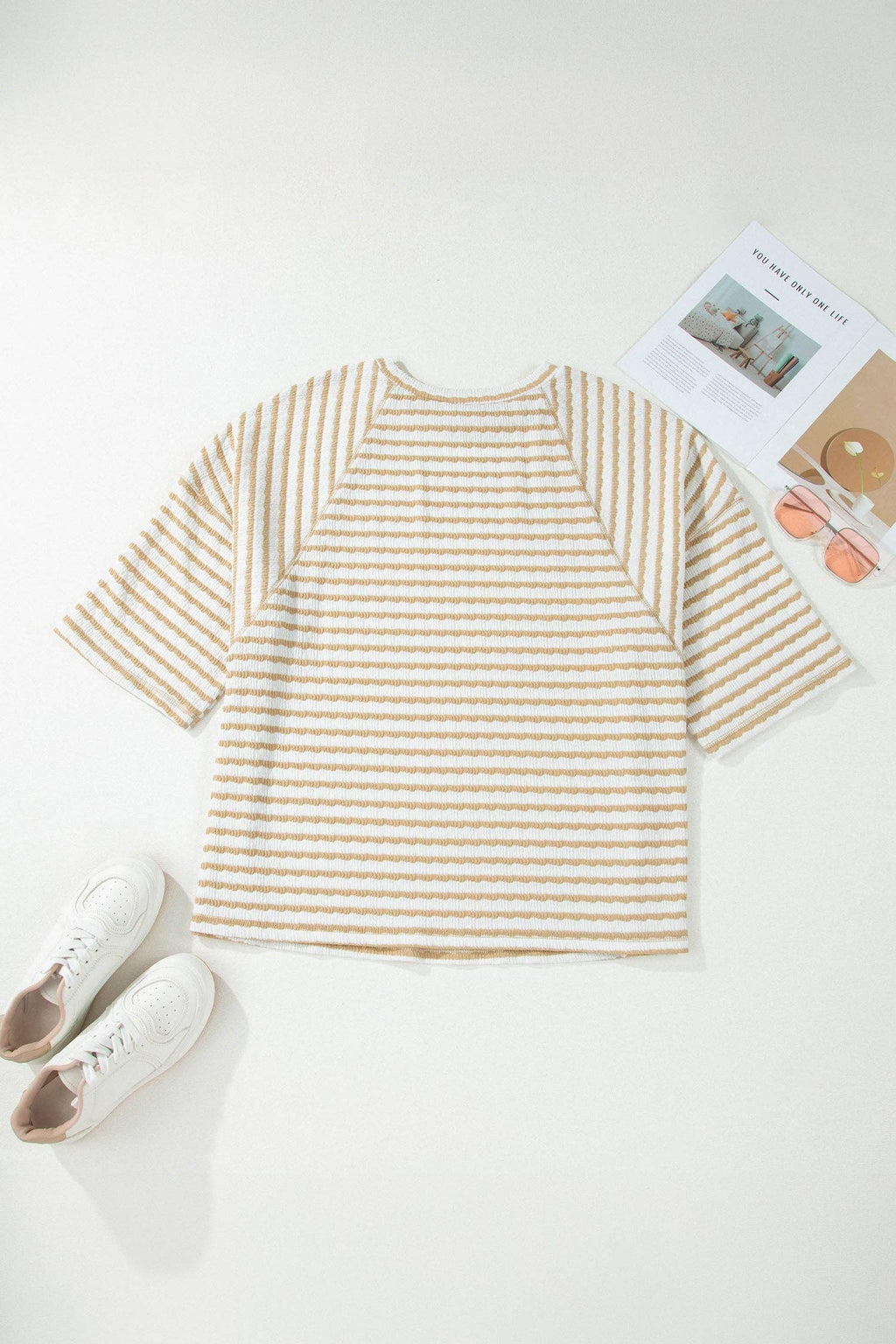 PRETTY BASH Plus Size Stripe Textured 3/4 Sleeve Top: Apricot Stripe / 4X