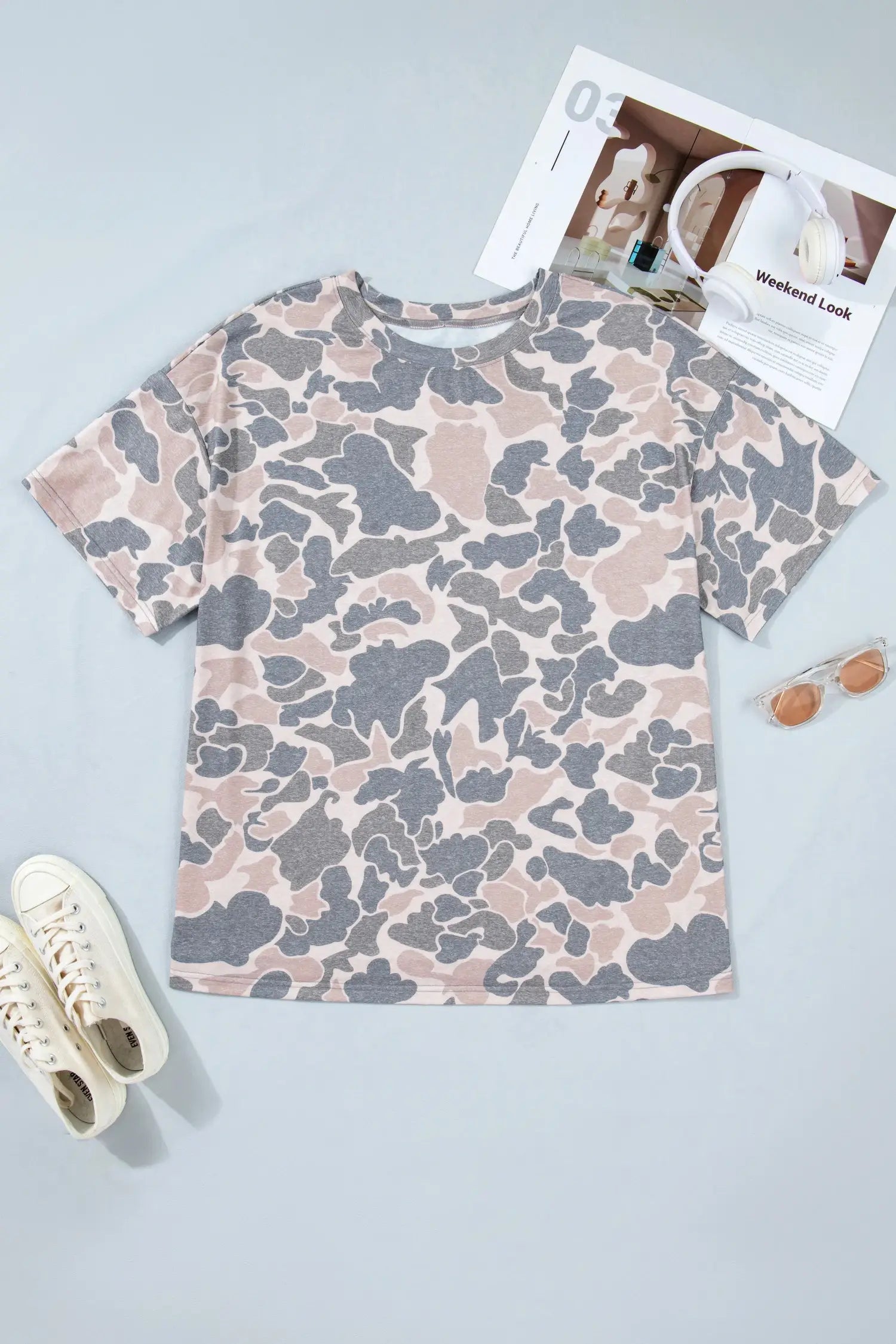 Retro Camouflage Print Plus Size T Shirt: Multicolour / XL