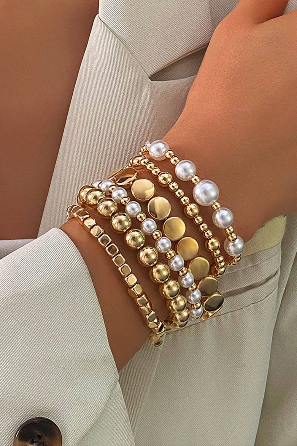 Gold Minimalist Pearl Beaded Multi Layer Elastic Bracelets: Gold / 60%Regenerated Fibre+40%Polyester / ONE SIZE