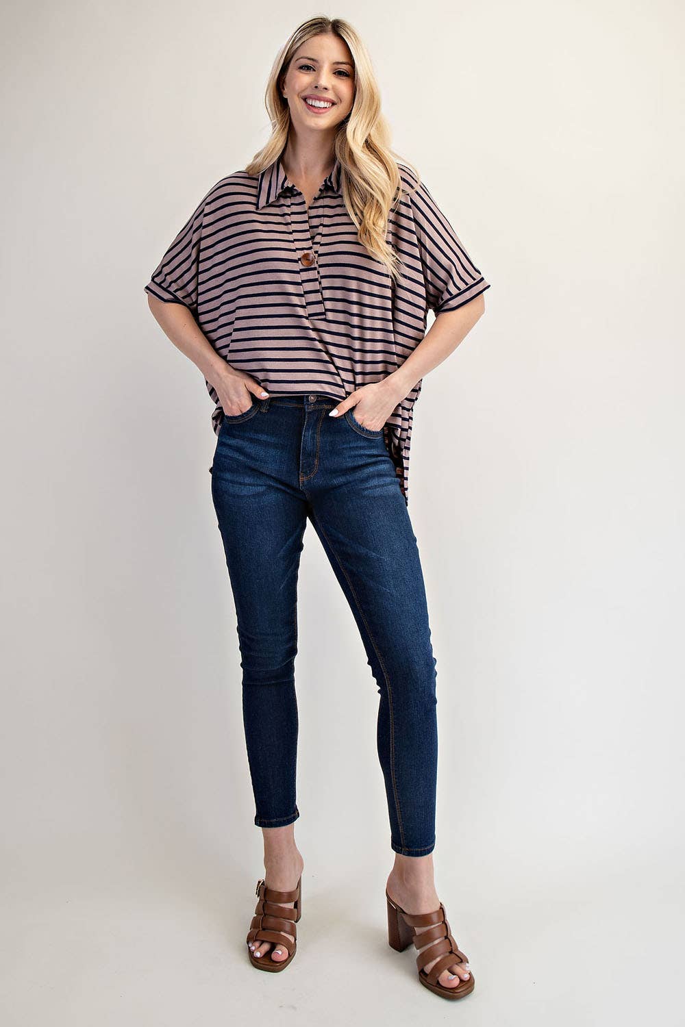 PLUS SIZE STRIPED BUTTON-FRONT COLLARED TOP -CT23913A: Charcoal Stripe / 2XL