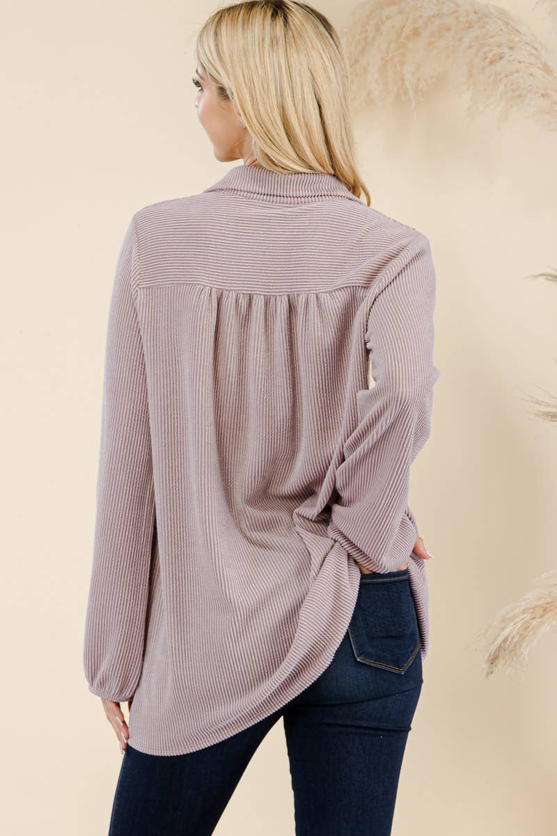WOMEN'S PLUS SIZE CLASSIC V-NECK  RIB LONG SLEEVE TOP : Green / 1XL