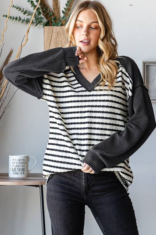 ET7710-10 STRIPE AND SOLID URBAN RIBBED CONTRAST TOP: HUNTER GREEN / 2-2-2 (1X-2X-3X)
