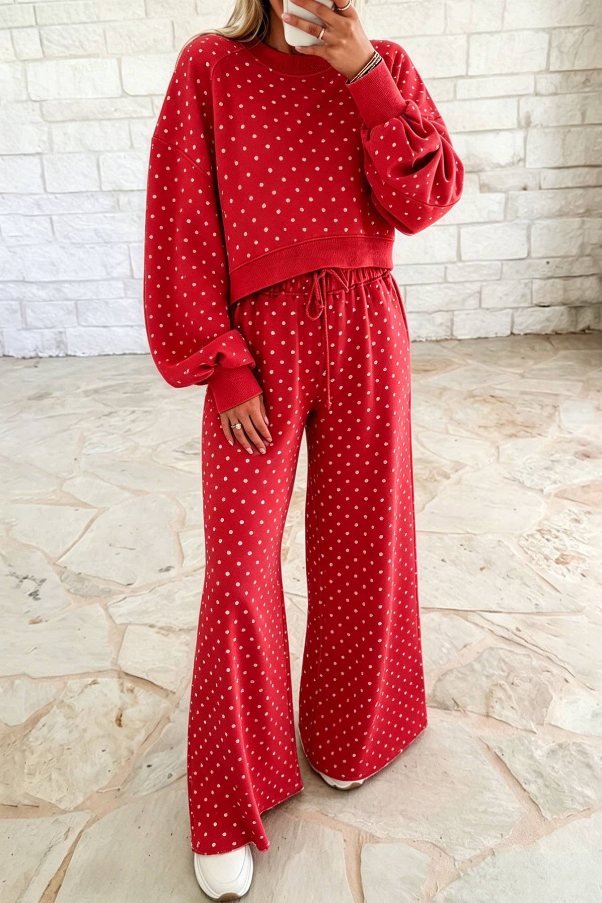 66 Plus Size Polka Dot Drawstring Top and Pants Set (S-4X): Brown / 1X