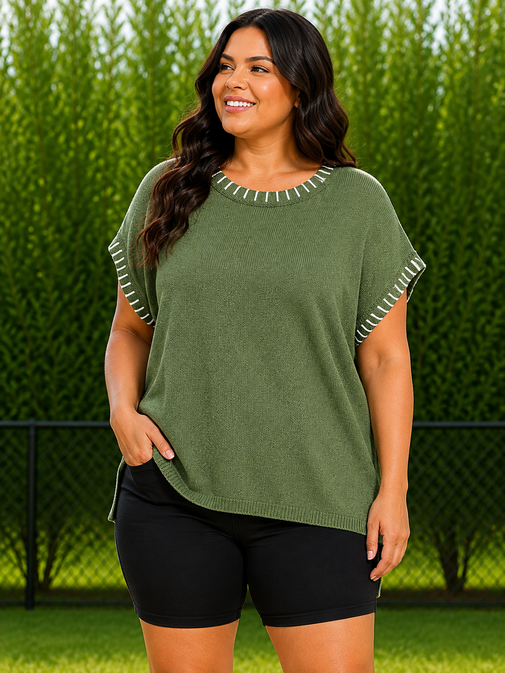A woman wearing an olive green short-sleeve knit top with white contrast stitching along the neckline and sleeve cuffs, paired with black shorts, standing outdoors in front of a green hedge.
