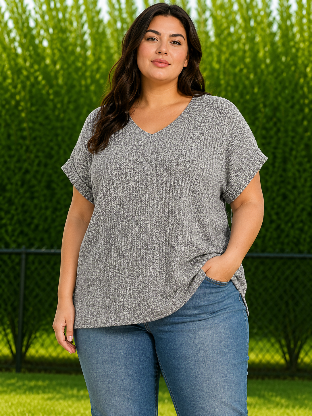 A woman wearing a gray heathered short-sleeve V-neck knit top and blue jeans, standing outdoors in front of a green hedge.