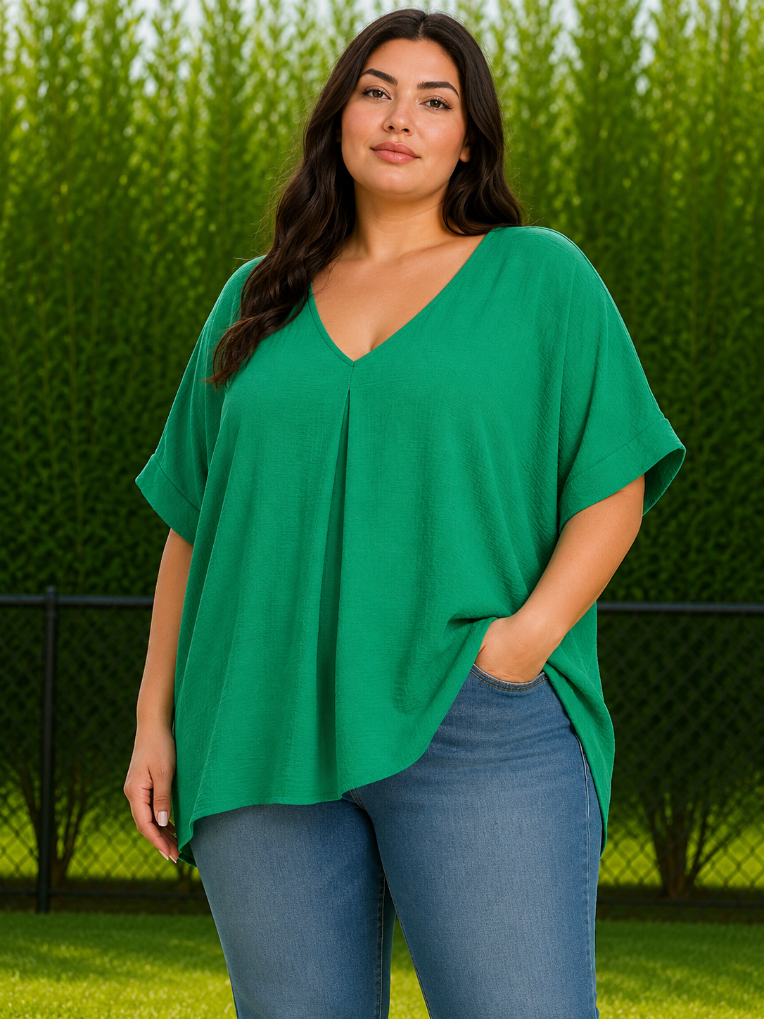 A woman wearing a vibrant green short-sleeve V-neck top and blue jeans, standing outdoors in front of a green hedge.