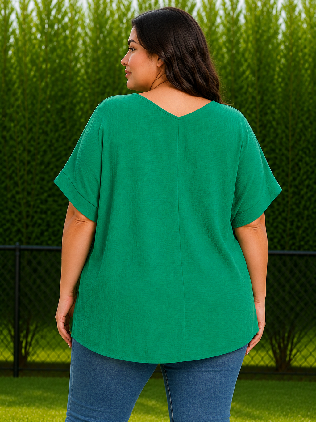 A woman wearing a bright green short-sleeve top and blue jeans, shown from the back in an outdoor setting with a green hedge background.