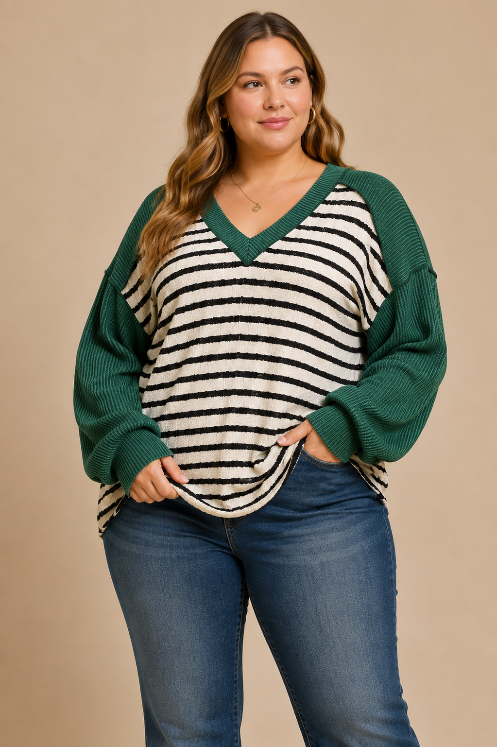 Teresa Stripe & Solid Urban Ribbed Contrast Top – Hunter Green