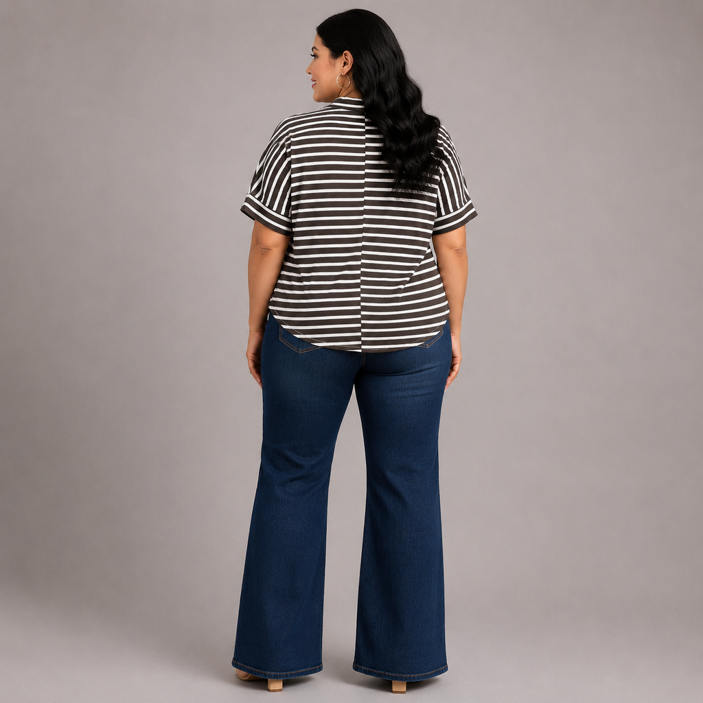 Plus Size Striped Button-Front Collared Top – Charcoal Stripe