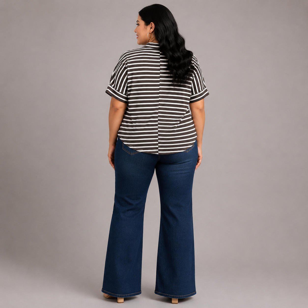 Plus Size Striped Button-Front Collared Top – Charcoal Stripe
