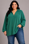 Women's Plus Size Classic V-Neck Rib Long Sleeve Top – Green