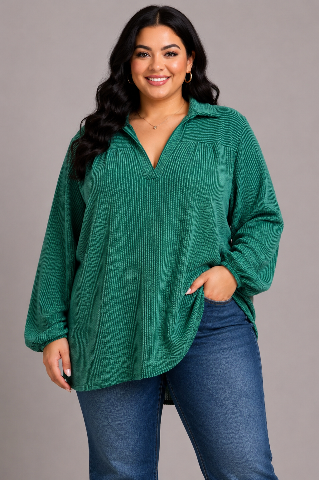 Women's Plus Size Classic V-Neck Rib Long Sleeve Top – Green