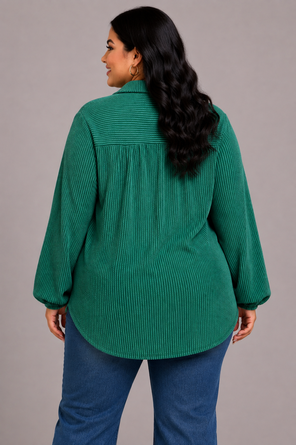 Women's Plus Size Classic V-Neck Rib Long Sleeve Top – Green