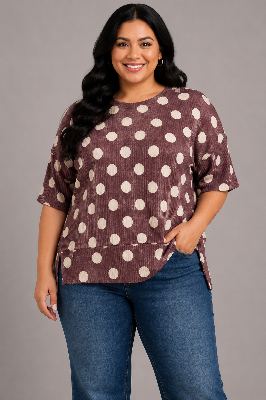 Women's Plus Size Polka Dot Rib Knit Top – Burgundy Polka