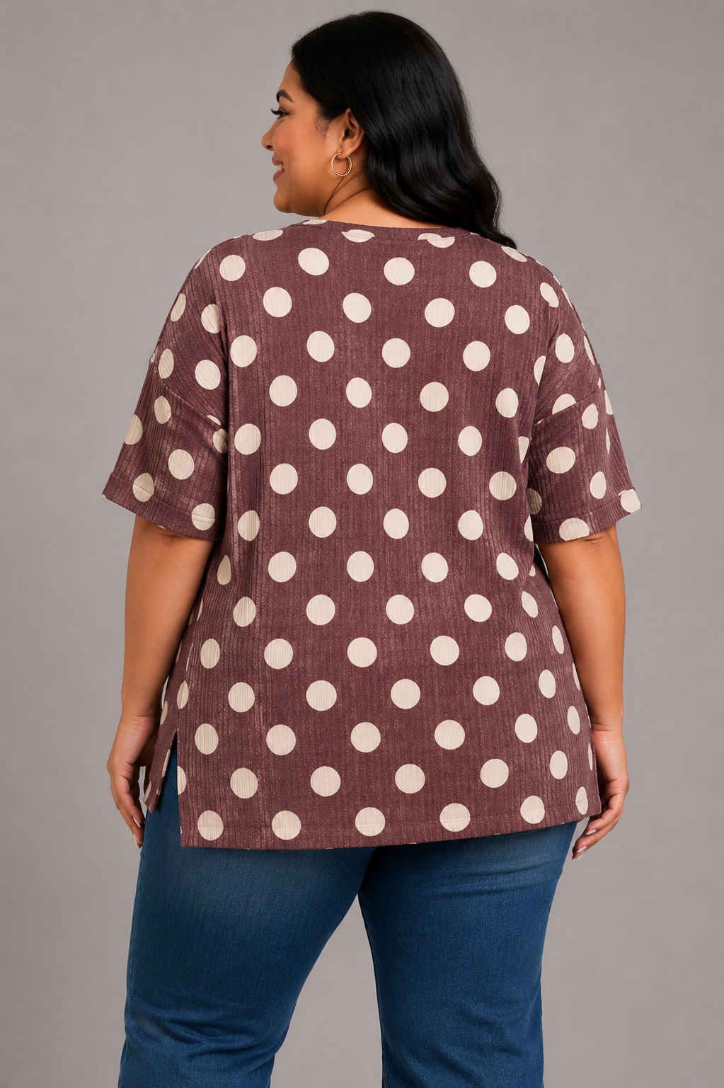 Women's Plus Size Polka Dot Rib Knit Top – Burgundy Polka