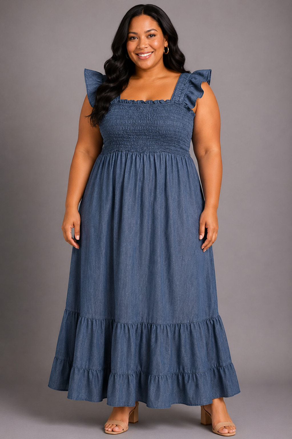 A woman modeling a smocked blue maxi dress with ruffled shoulder straps and tiered ruffles, standing against a solid gray studio background.