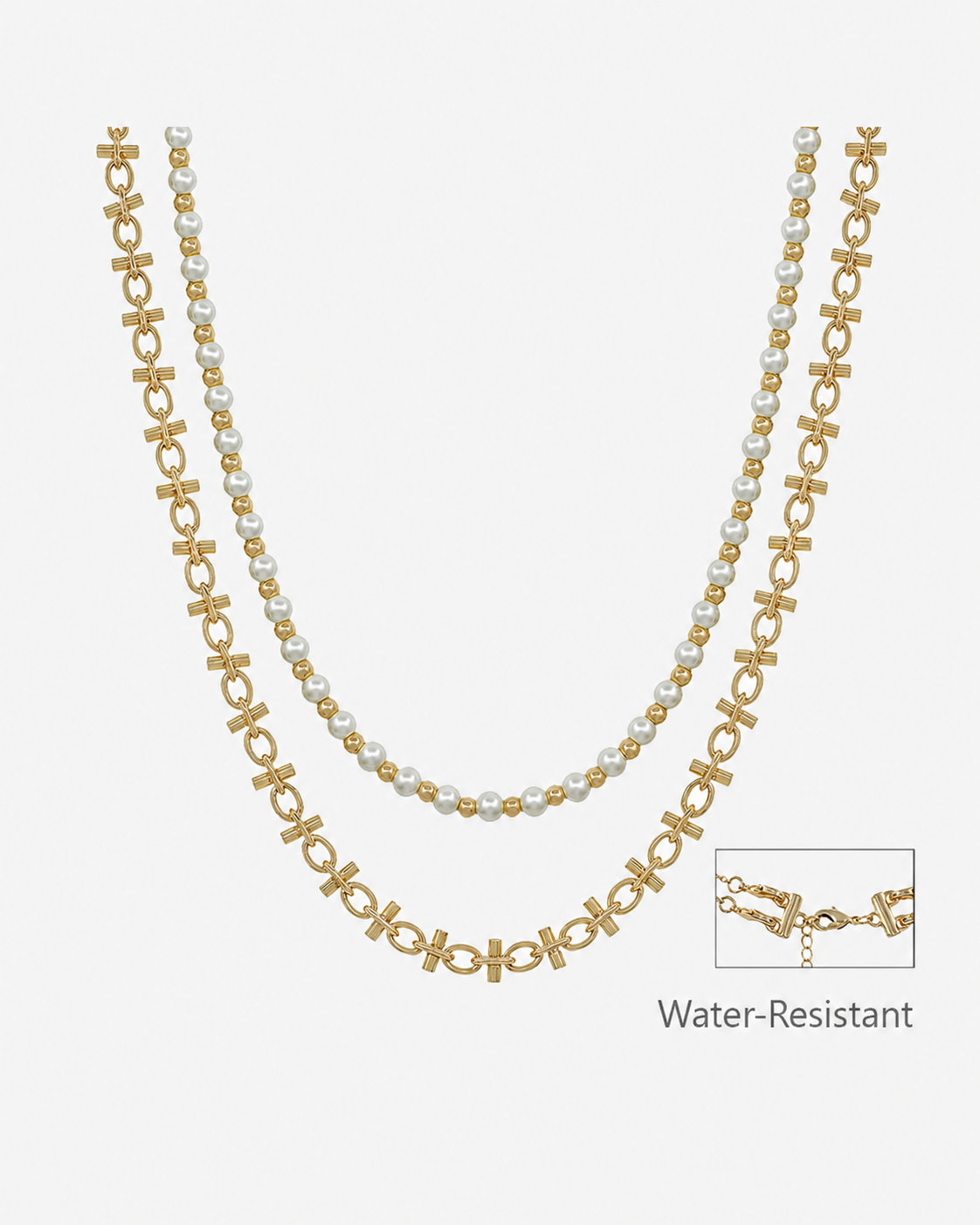 Water Resistant Pearl and Gold Layered Chain 16"-18" Necklace