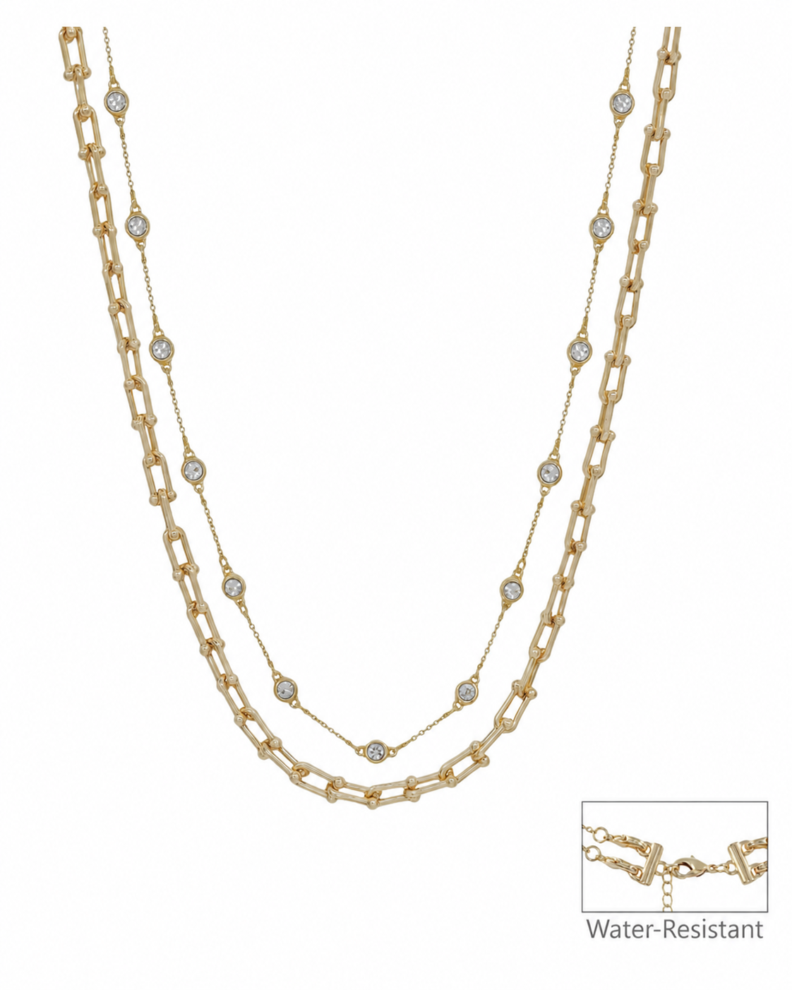 Water Resistant Gold Crystal and Chunky Layered Chain 16"-18" Necklace