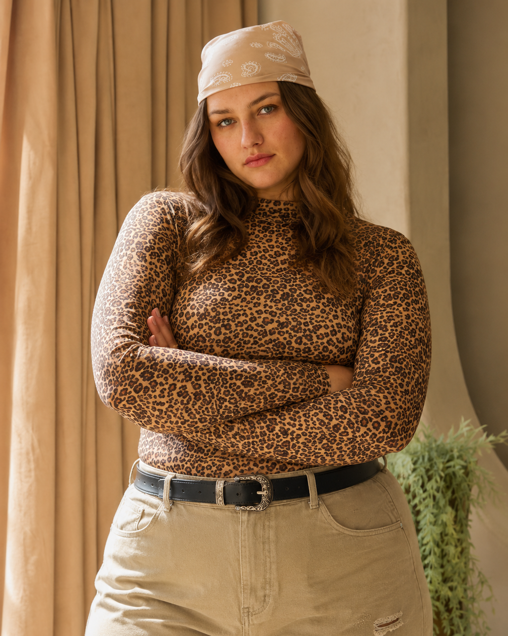 Woman wearing a leopard print top and beige pants standing indoors with curtains and a plant in the background.