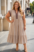 Stripe Double Ruffled Short Sleeve V Neck Midi Dress