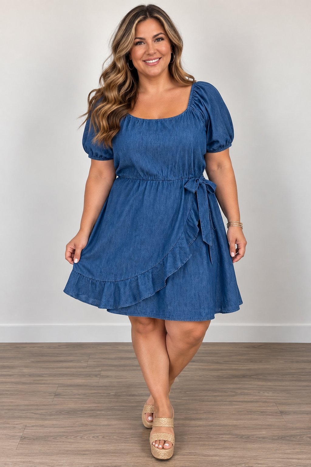 A woman modeling a blue short-sleeve dress with puff sleeves, a square neckline, a tie waist, and a ruffled hem, standing against a plain light gray wall on a wood floor.