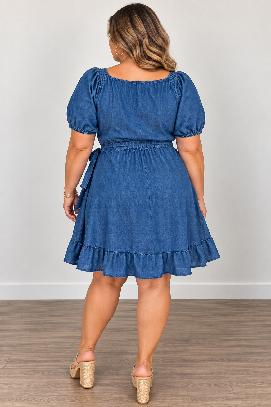 A woman viewed from behind wearing a blue denim-like puff-sleeve dress with a ruffled hem, standing on a wood floor against a light gray wall.