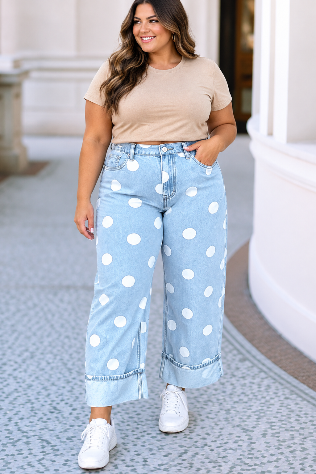 Jeanne Plus Size Sky Blue Polka Dot Ankle Jeans