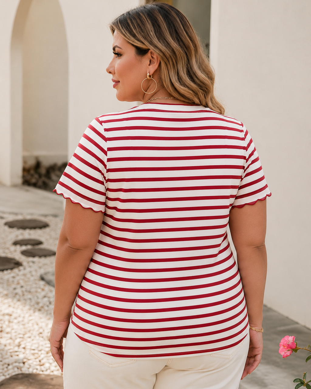 Spring Scalloped Trim Round Neck Stripe T Shirt