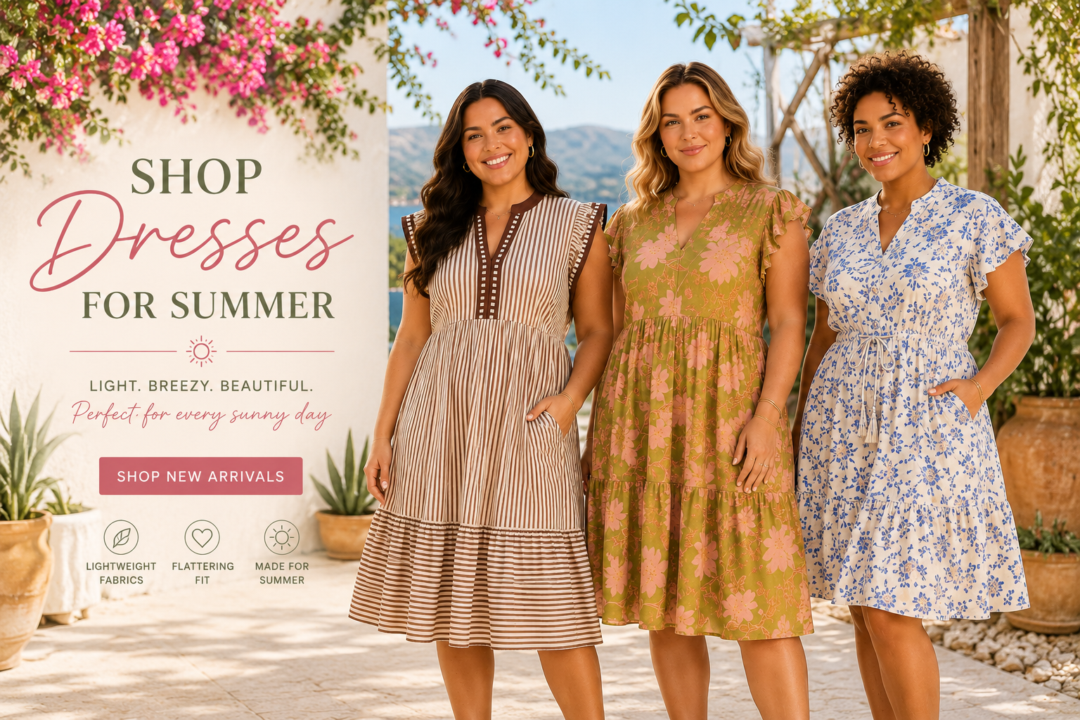 Three women wearing dresses standing outdoors with promotional text for summer dresses.