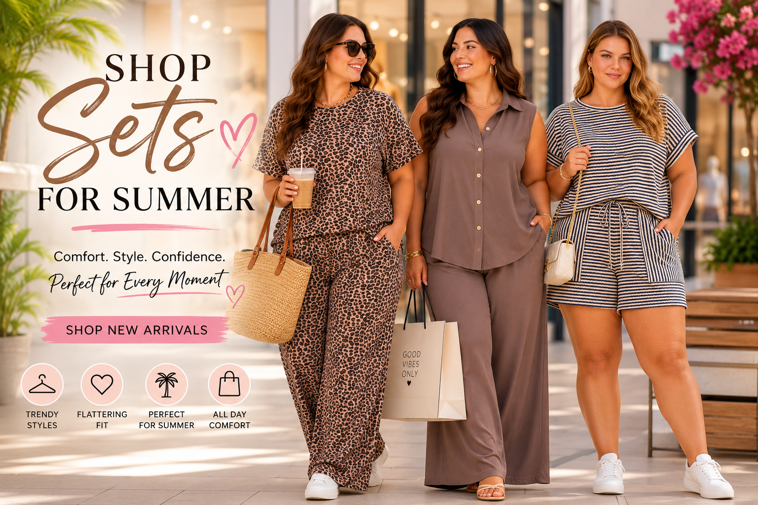 Three women in summer outfits walking together with promotional text about shopping sets for summer.