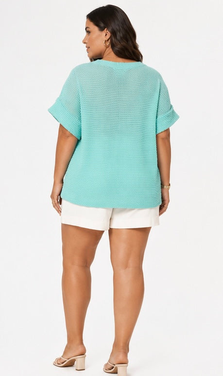 Olivia V-Neck Lightweight Sweater Crochet Knit Top: Aqua